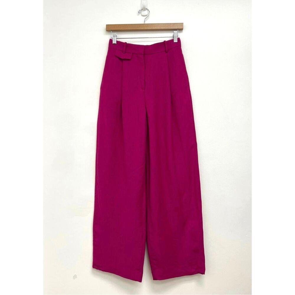 COS Relaxed Pleated Linen-Blend Wide-Leg Trousers Pink Colorful Work - Size 2
